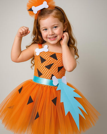 Pebbles Costume Tutu Dress for Girls – Toddler Halloween Outfit with Bone Headband – Flintstones Baby Dress