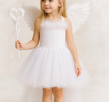 Angel Tutu Costume Set | Sparkly White Hi-Low Dress with Wings, Halo Headband & Heart Wand | Girls Christmas, Pageant and Halloween Outfit