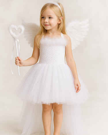 Angel Tutu Costume Set | Sparkly White Hi-Low Dress with Wings, Halo Headband & Heart Wand | Girls Christmas, Pageant and Halloween Outfit