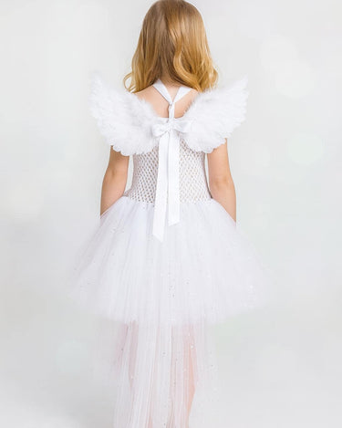 Angel Tutu Costume Set | Sparkly White Hi-Low Dress with Wings, Halo Headband & Heart Wand | Girls Christmas, Pageant and Halloween Outfit