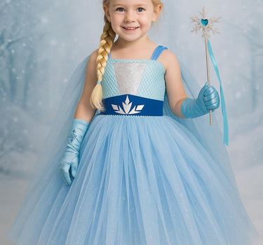 Elsa Princess Tutu Dress | Full Length Frozen Inspired Gown with Cape, Crown, Braid, Gloves and Wand | Girls Birthday and Halloween Costume