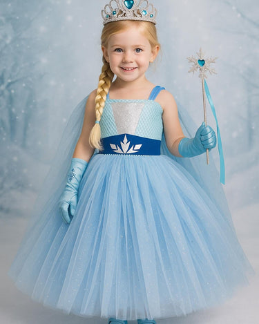 Elsa Princess Tutu Dress | Full Length Frozen Inspired Gown with Cape, Crown, Braid, Gloves and Wand | Girls Birthday and Halloween Costume