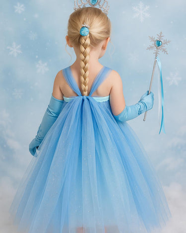 Elsa Princess Tutu Dress | Full Length Frozen Inspired Gown with Cape, Crown, Braid, Gloves and Wand | Girls Birthday and Halloween Costume