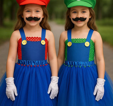 Mario Luigi Tutu Dress Set – Girls Halloween Costume with Gloves & Hat – Sibling Matching Outfits