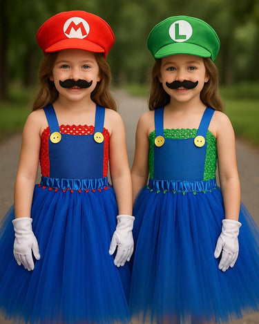 Mario Luigi Tutu Dress Set – Girls Halloween Costume with Gloves & Hat – Sibling Matching Outfits