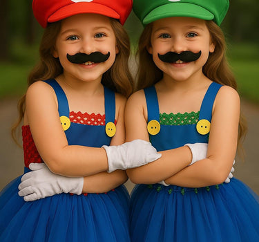 Mario Luigi Tutu Dress Set – Girls Halloween Costume with Gloves & Hat – Sibling Matching Outfits