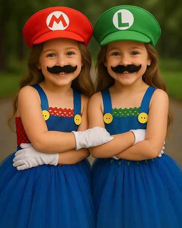 Mario Luigi Tutu Dress Set – Girls Halloween Costume with Gloves & Hat – Sibling Matching Outfits