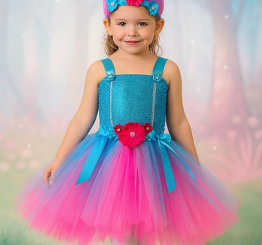 Trolls Inspired Tutu Dress | Poppy Costume with Matching Troll Hair Headband | Girls Birthday & Halloween Outfit