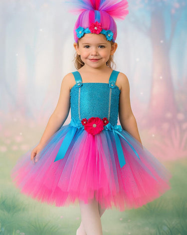 Trolls Inspired Tutu Dress | Poppy Costume with Matching Troll Hair Headband | Girls Birthday & Halloween Outfit