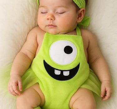 Newborn Mike Wazowski Costume | Monsters Inc Baby Romper Set with Bow & Leg Warmers | Baby Halloween Outfit | Baby Shower Gift