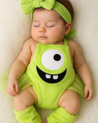 Newborn Mike Wazowski Costume | Monsters Inc Baby Romper Set with Bow & Leg Warmers | Baby Halloween Outfit | Baby Shower Gift