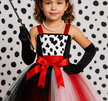 Cruella Inspired Tutu Dress Set | Girls Villain Costume with Gloves, Headband, Necklace and Holder | Birthday & Halloween Outfit