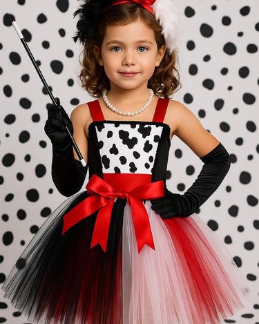 Cruella Inspired Tutu Dress Set | Girls Villain Costume with Gloves, Headband, Necklace and Holder | Birthday & Halloween Outfit