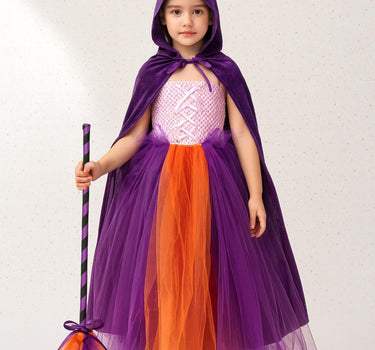 Sanderson Sisters Tutu Dress Set | Hocus Pocus Inspired Costumes with Cape & Broom | Halloween Witch Outfit for Girls