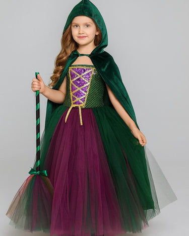 Sanderson Sisters Tutu Dress Set | Hocus Pocus Inspired Costumes with Cape & Broom | Halloween Witch Outfit for Girls