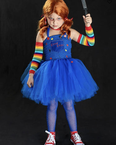Chucky Inspired Tutu Costume: Good Guys Dress, Socks, Arm Warmers & Knife Prop