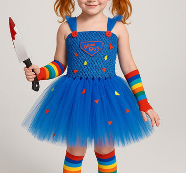 Chucky Inspired Tutu Costume: Good Guys Dress, Socks, Arm Warmers & Knife Prop
