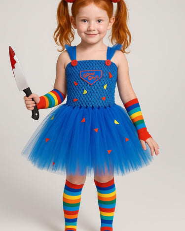 Chucky Inspired Tutu Costume: Good Guys Dress, Socks, Arm Warmers & Knife Prop