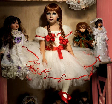 Annabelle Inspired Tutu Dress: Creepy Doll Halloween Costume with Red Bows