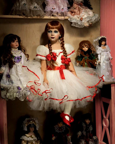 Annabelle Inspired Tutu Dress: Creepy Doll Halloween Costume with Red Bows