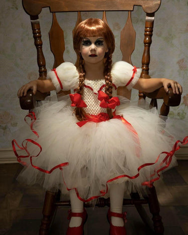 Annabelle Inspired Tutu Dress: Creepy Doll Halloween Costume with Red Bows