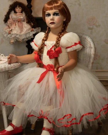 Annabelle Inspired Tutu Dress: Creepy Doll Halloween Costume with Red Bows