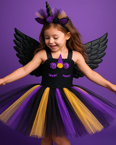 Halloween Unicorn Tutu Dress with Wings and Horn Headband – Girls Rainbow Costume