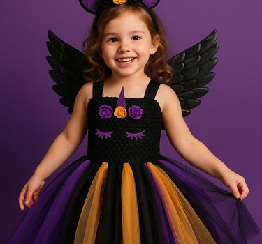 Halloween Unicorn Tutu Dress with Wings and Horn Headband – Girls Rainbow Costume