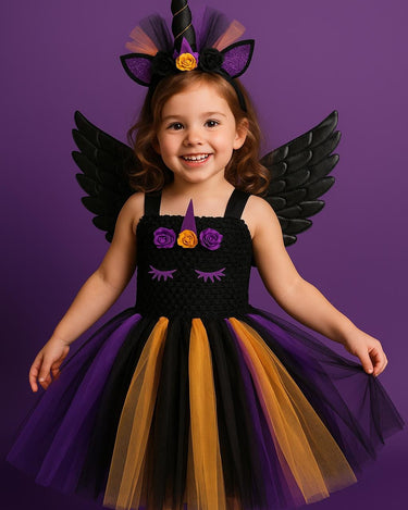 Halloween Unicorn Tutu Dress with Wings and Horn Headband – Girls Rainbow Costume