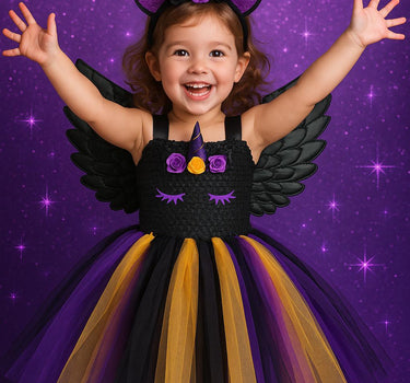Halloween Unicorn Tutu Dress with Wings and Horn Headband – Girls Rainbow Costume