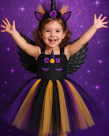 Halloween Unicorn Tutu Dress with Wings and Horn Headband – Girls Rainbow Costume