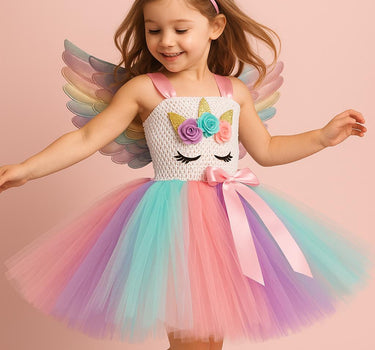 Rainbow Unicorn Tutu Dress with Wings & Headband – Girls Magical Birthday or Halloween Costume