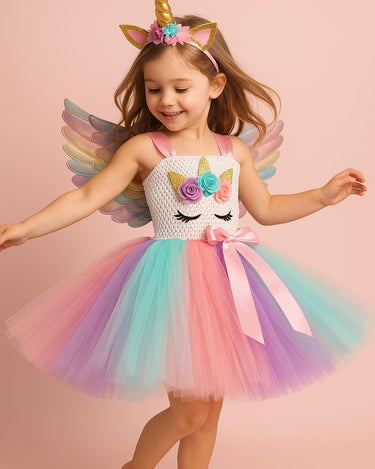 Rainbow Unicorn Tutu Dress with Wings & Headband – Girls Magical Birthday or Halloween Costume