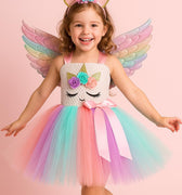 Rainbow Unicorn Tutu Dress with Wings & Headband – Girls Magical Birthday or Halloween Costume