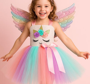 Rainbow Unicorn Tutu Dress with Wings & Headband – Girls Magical Birthday or Halloween Costume