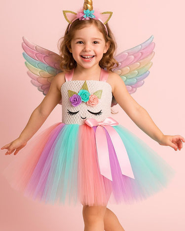 Rainbow Unicorn Tutu Dress with Wings & Headband – Girls Magical Birthday or Halloween Costume