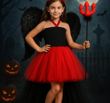 Kids Devil Costume: Hi-Low Tutu Dress with Wings & Horns