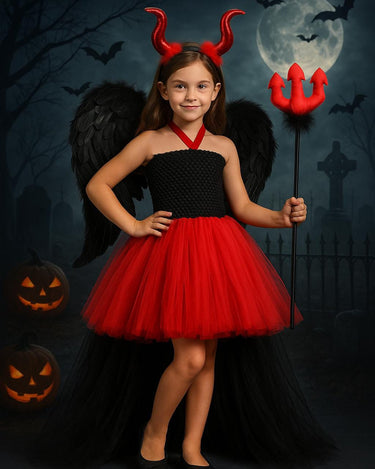 Kids Devil Costume: Hi-Low Tutu Dress with Wings & Horns