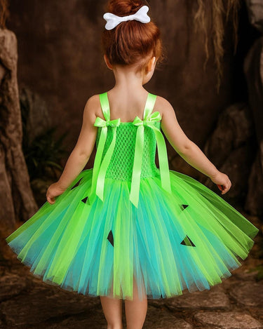 Pebbles Flintstone Tutu Dress Costume: Lime Green Outfit with Bone Clip