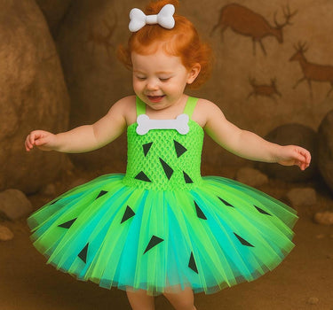 Pebbles Flintstone Tutu Dress Costume: Lime Green Outfit with Bone Clip