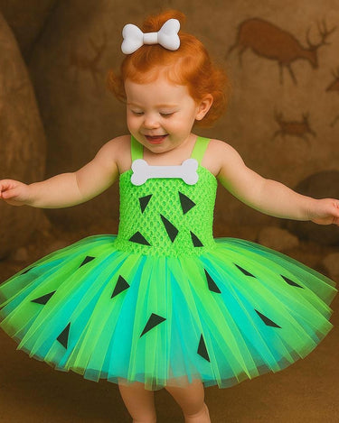 Pebbles Flintstone Tutu Dress Costume: Lime Green Outfit with Bone Clip