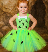 Pebbles Flintstone Tutu Dress Costume: Lime Green Outfit with Bone Clip