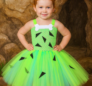 Pebbles Flintstone Tutu Dress Costume: Lime Green Outfit with Bone Clip