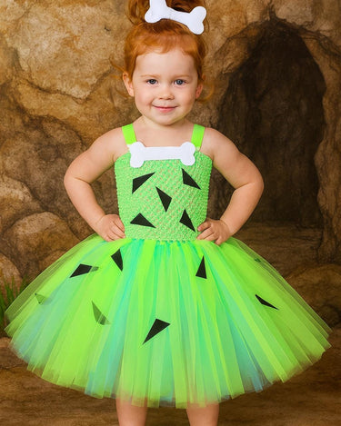 Pebbles Flintstone Tutu Dress Costume: Lime Green Outfit with Bone Clip