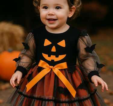 Baby Girl Pumpkin Halloween Dress – Toddler Jack-O’-Lantern Outfit with Bats (6M–4T)