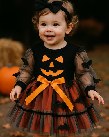 Baby Girl Pumpkin Halloween Dress – Toddler Jack-O’-Lantern Outfit with Bats (6M–4T)