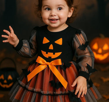Baby Girl Pumpkin Halloween Dress – Toddler Jack-O’-Lantern Outfit with Bats (6M–4T)