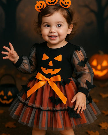 Baby Girl Pumpkin Halloween Dress – Toddler Jack-O’-Lantern Outfit with Bats (6M–4T)