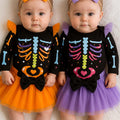 Baby Halloween Skeleton Outfit Set – Colorful Bones Onesie with Tutu Skirt & Bow Headband – Twin Costume Option – 0 to 18 Months