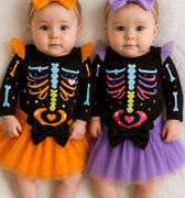 Baby Halloween Skeleton Outfit Set – Colorful Bones Onesie with Tutu Skirt & Bow Headband – Twin Costume Option – 0 to 18 Months